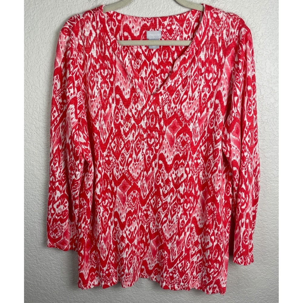 Chico's Top Womens XL Red White Linen Eyecat Print 3/4 Sleeve Blouse Lagenlook